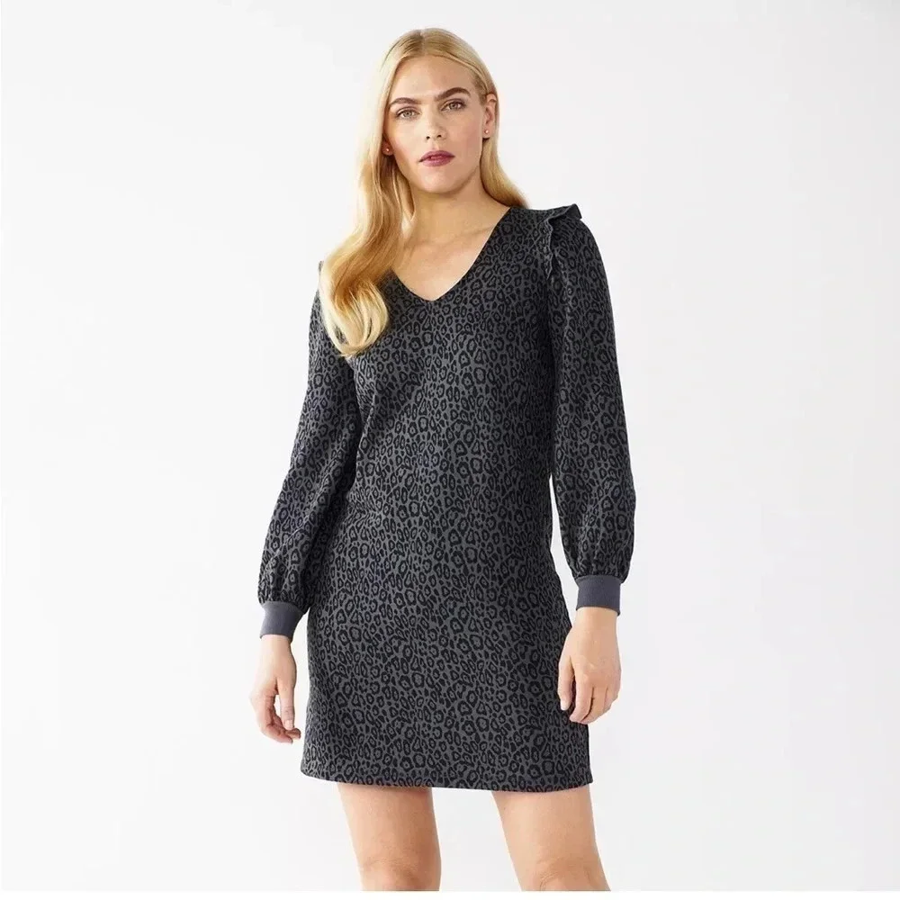 Nine West Fleece Lined Black/Gray Animal Print Sweatshirt Dress Size XL